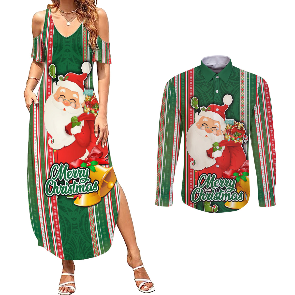 Custom Kiribati Christmas Couples Matching Summer Maxi Dress and Long Sleeve Button Shirts Santa With Gift Bag Behind Ribbons Seamless Green Maori LT03 Green - Polynesian Pride