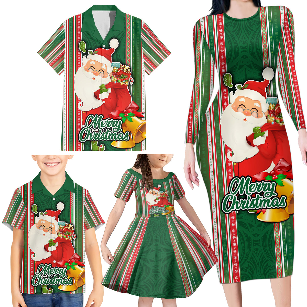 Custom Kiribati Christmas Family Matching Long Sleeve Bodycon Dress and Hawaiian Shirt Santa With Gift Bag Behind Ribbons Seamless Green Maori LT03 - Polynesian Pride