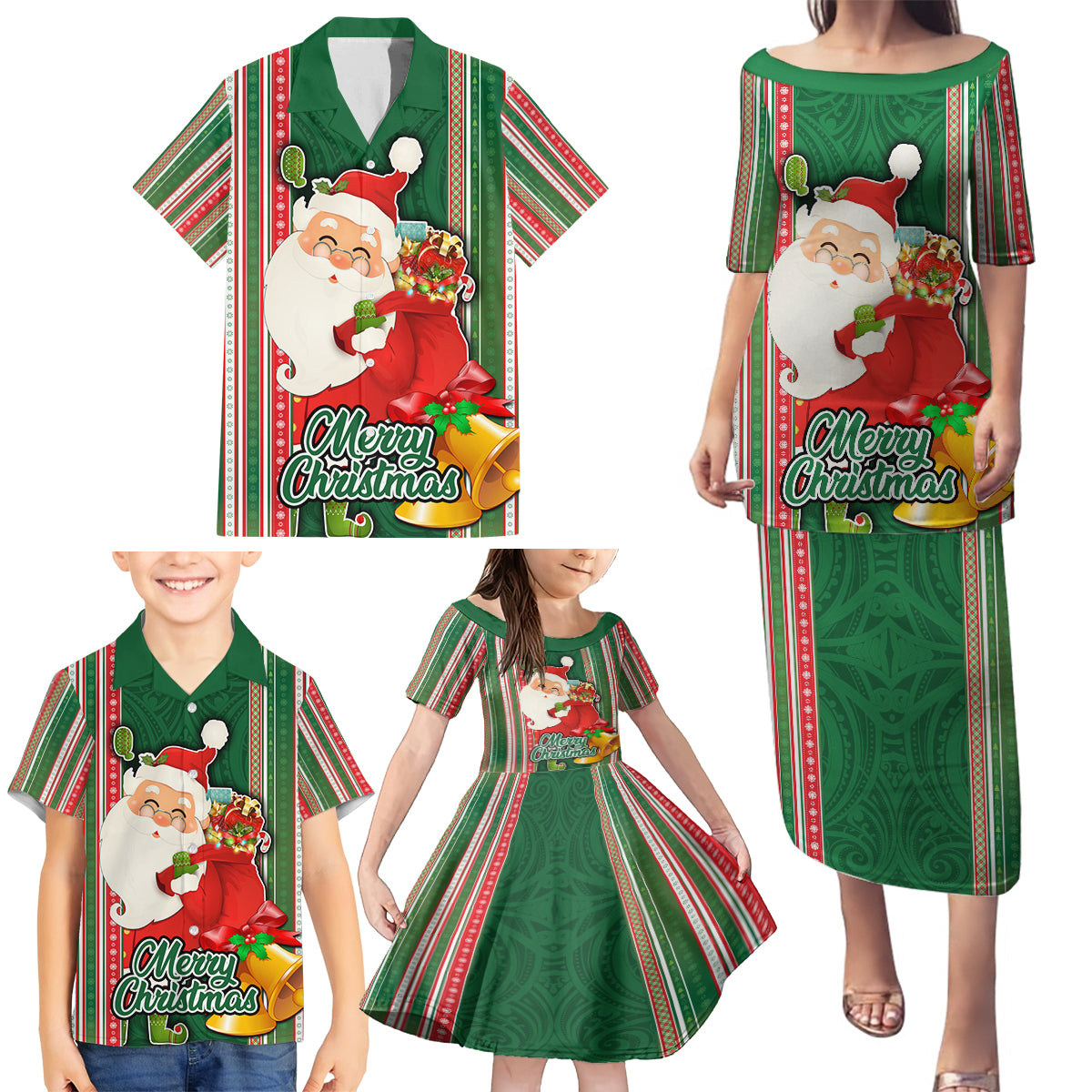 Custom Kiribati Christmas Family Matching Puletasi Dress and Hawaiian Shirt Santa With Gift Bag Behind Ribbons Seamless Green Maori LT03 - Polynesian Pride