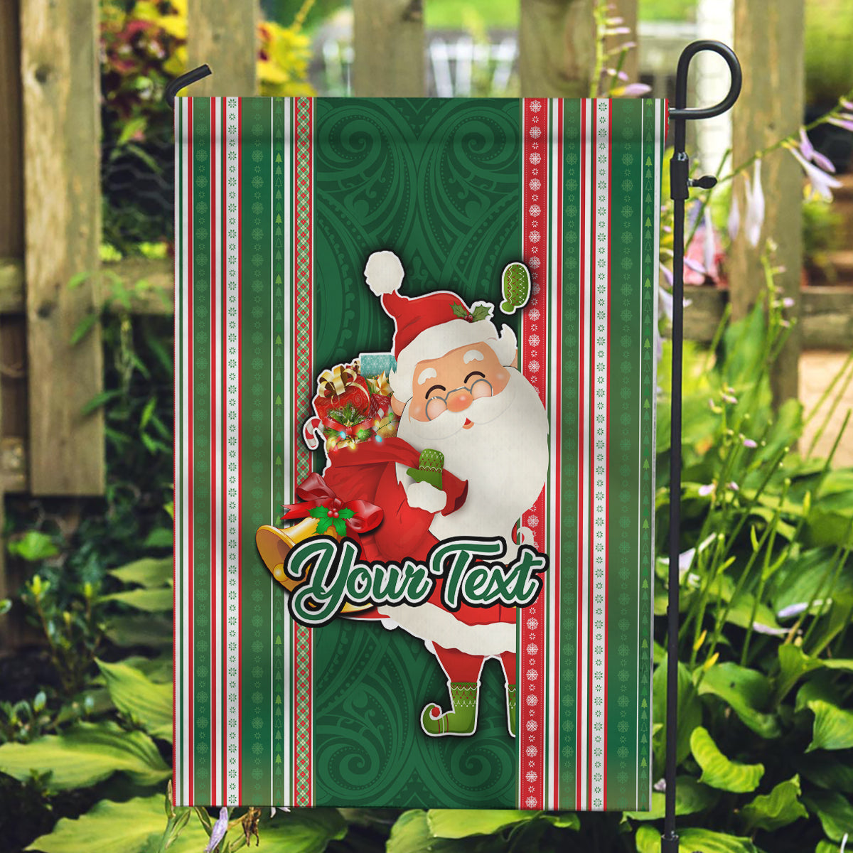 Custom Kiribati Christmas Garden Flag Santa With Gift Bag Behind Ribbons Seamless Green Maori LT03 Garden Flag Green - Polynesian Pride