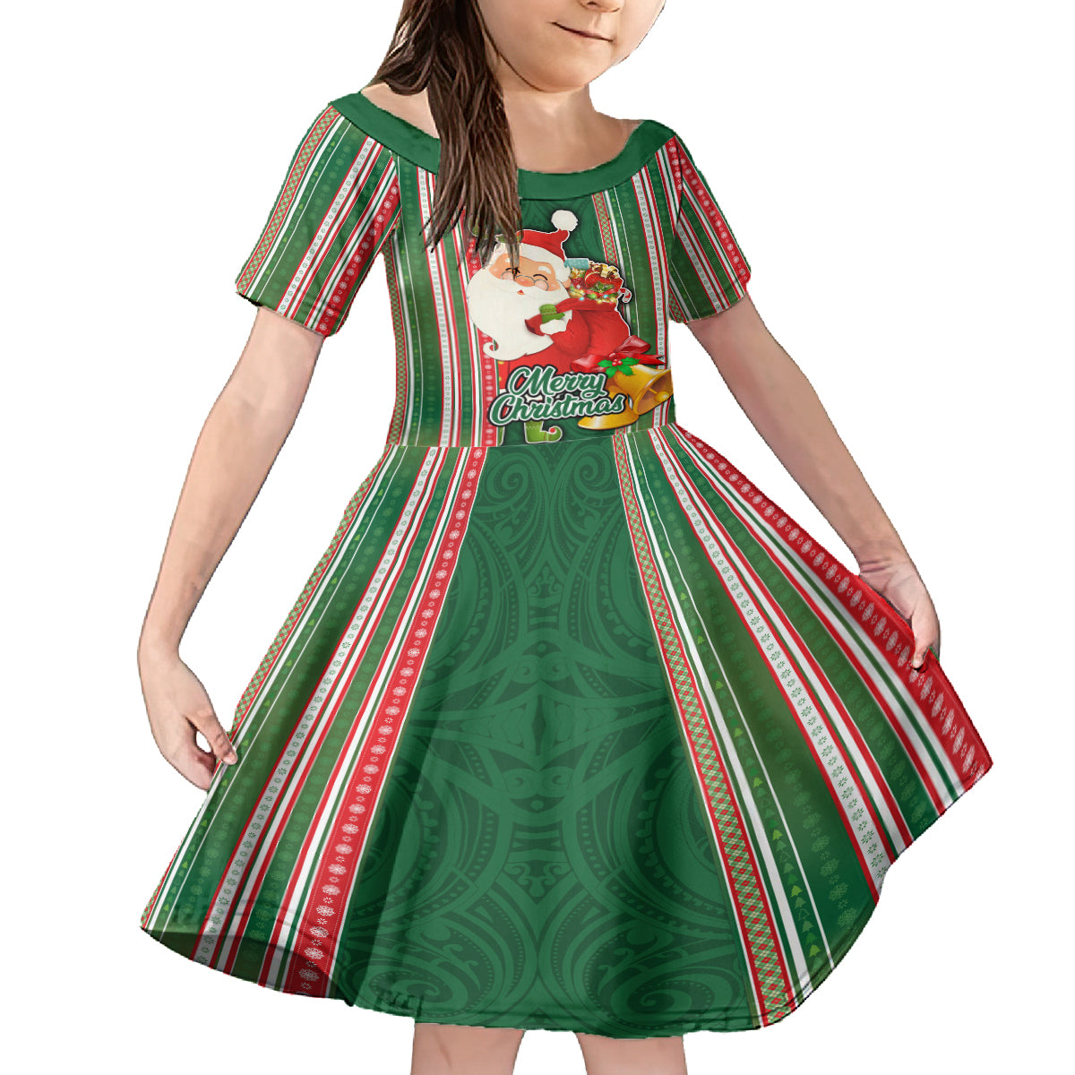 Custom Kiribati Christmas Kid Short Sleeve Dress Santa With Gift Bag Behind Ribbons Seamless Green Maori LT03 KID Green - Polynesian Pride