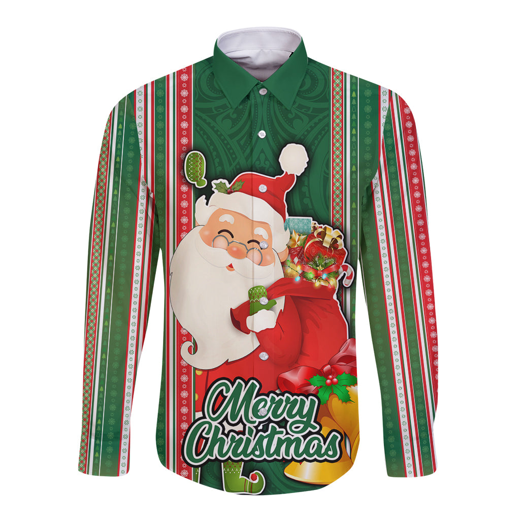 Custom Kiribati Christmas Long Sleeve Button Shirt Santa With Gift Bag Behind Ribbons Seamless Green Maori LT03 Unisex Green - Polynesian Pride