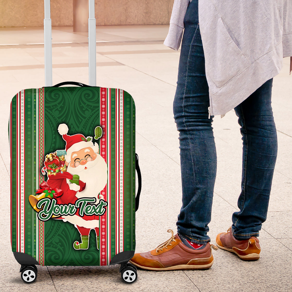 Custom Kiribati Christmas Luggage Cover Santa With Gift Bag Behind Ribbons Seamless Green Maori LT03 Green - Polynesian Pride