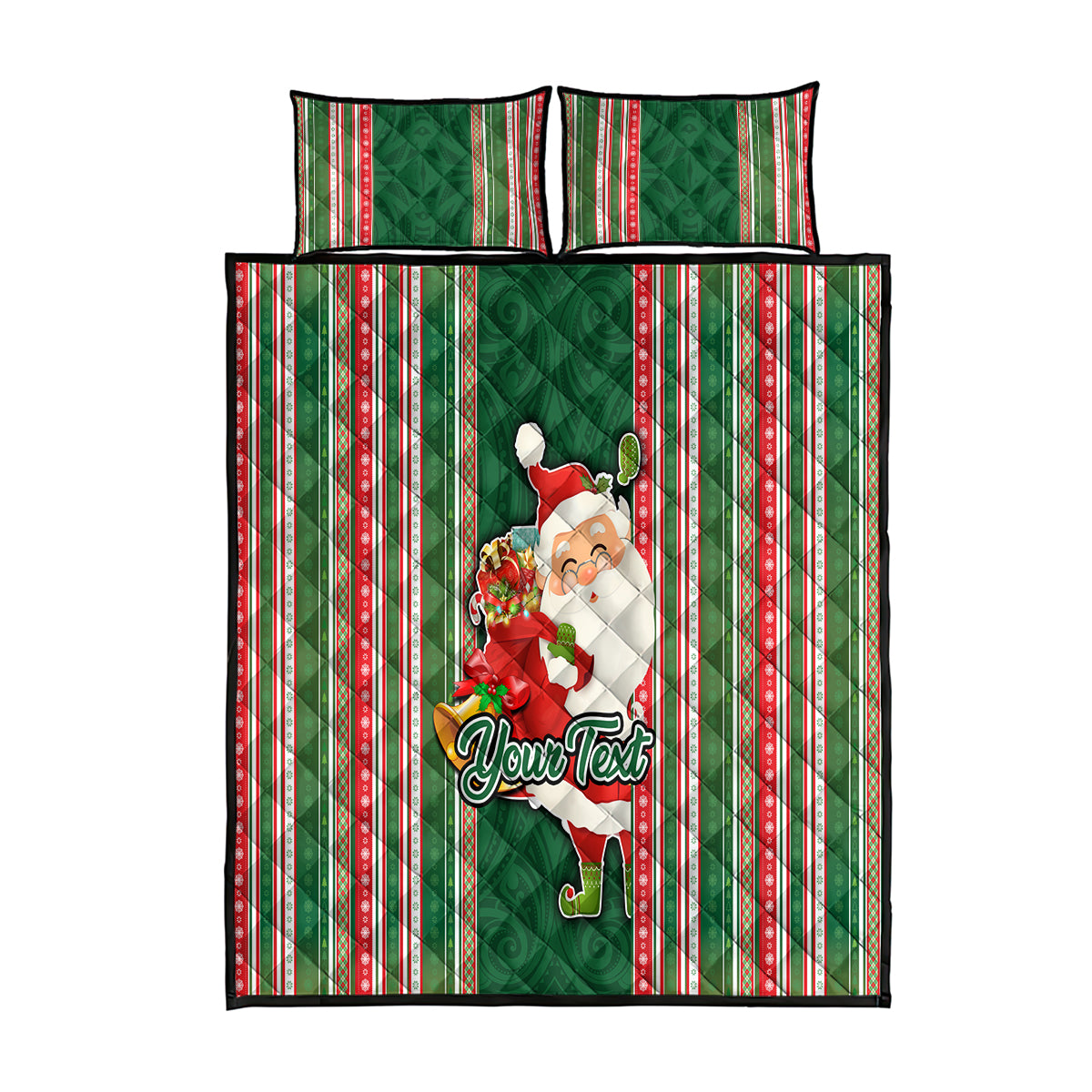 Custom Kiribati Christmas Quilt Bed Set Santa With Gift Bag Behind Ribbons Seamless Green Maori LT03 Green - Polynesian Pride