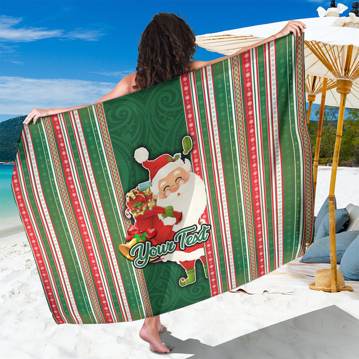 Custom Kiribati Christmas Sarong Santa With Gift Bag Behind Ribbons Seamless Green Maori LT03 One Size 44 x 66 inches Green - Polynesian Pride