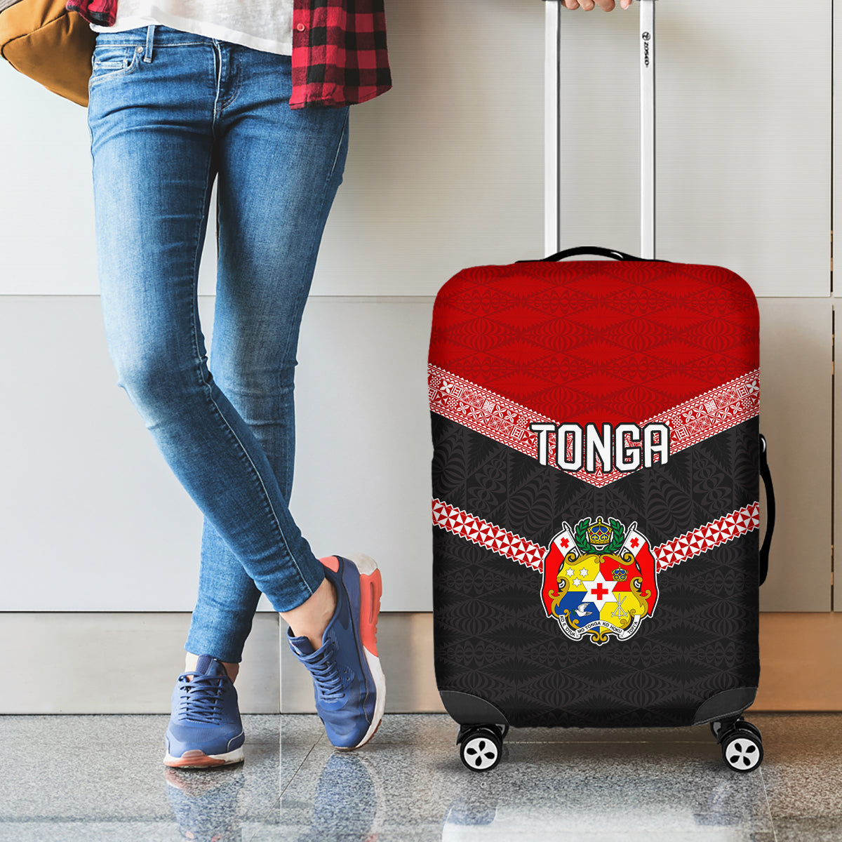Tonga Luggage Cover Tonga Coat of Arms with Seamless Tapa Ngatu Pattern LT03 - Polynesian Pride