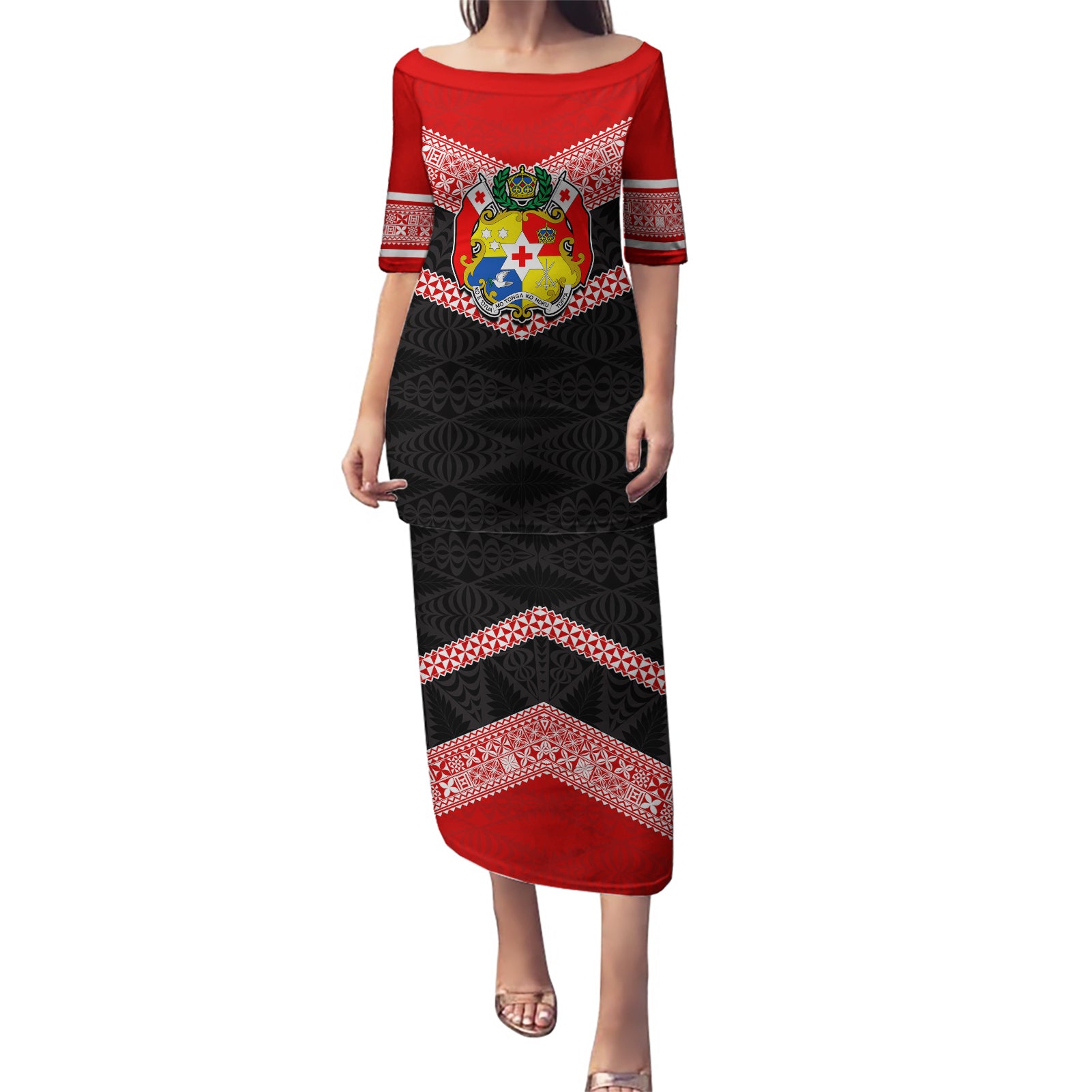 Tonga Puletasi Tonga Coat of Arms with Seamless Tapa Ngatu Pattern LT03 Long Dress Black - Polynesian Pride