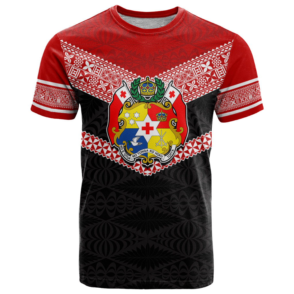 Tonga T Shirt Tonga Coat of Arms with Seamless Tapa Ngatu Pattern LT03 Black - Polynesian Pride
