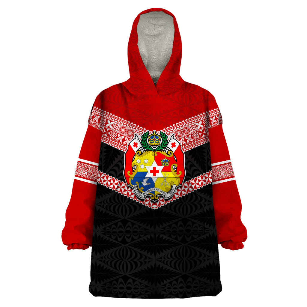 Tonga Wearable Blanket Hoodie Tonga Coat of Arms with Seamless Tapa Ngatu Pattern LT03 One Size Black - Polynesian Pride