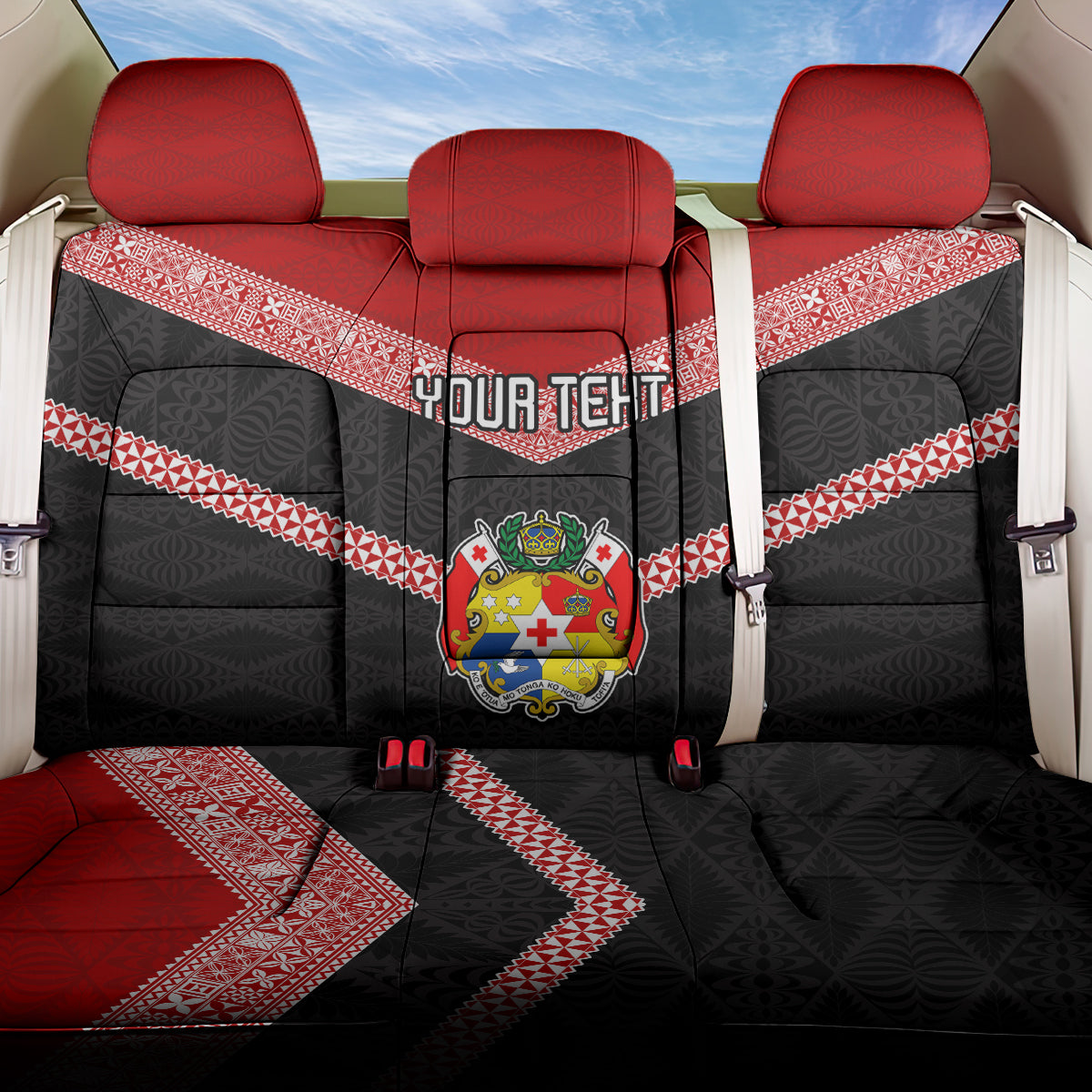 Personalised Tonga Back Car Seat Cover Tonga Coat of Arms with Seamless Tapa Ngatu Pattern LT03 One Size Black - Polynesian Pride