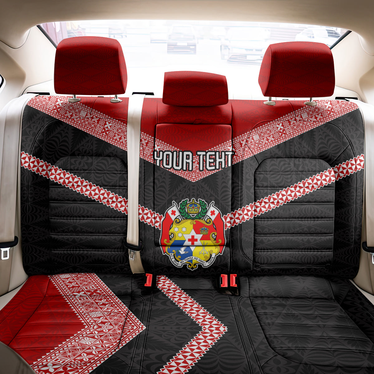 Personalised Tonga Back Car Seat Cover Tonga Coat of Arms with Seamless Tapa Ngatu Pattern LT03 - Polynesian Pride