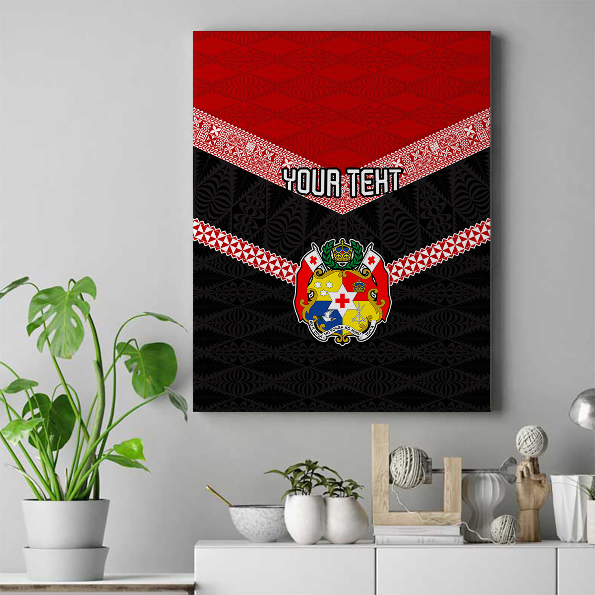 Personalised Tonga Canvas Wall Art Tonga Coat of Arms with Seamless Tapa Ngatu Pattern LT03 Black - Polynesian Pride