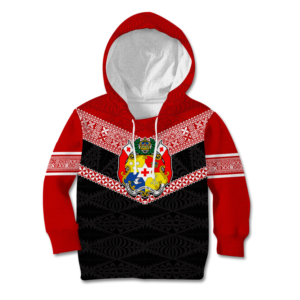 Personalised Tonga Kid Hoodie Tonga Coat of Arms with Seamless Tapa Ngatu Pattern LT03 Hoodie Black - Polynesian Pride