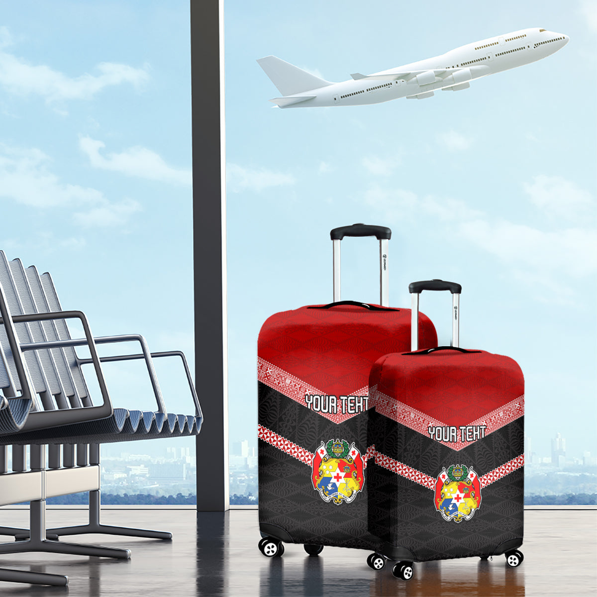 Personalised Tonga Luggage Cover Tonga Coat of Arms with Seamless Tapa Ngatu Pattern LT03 - Polynesian Pride