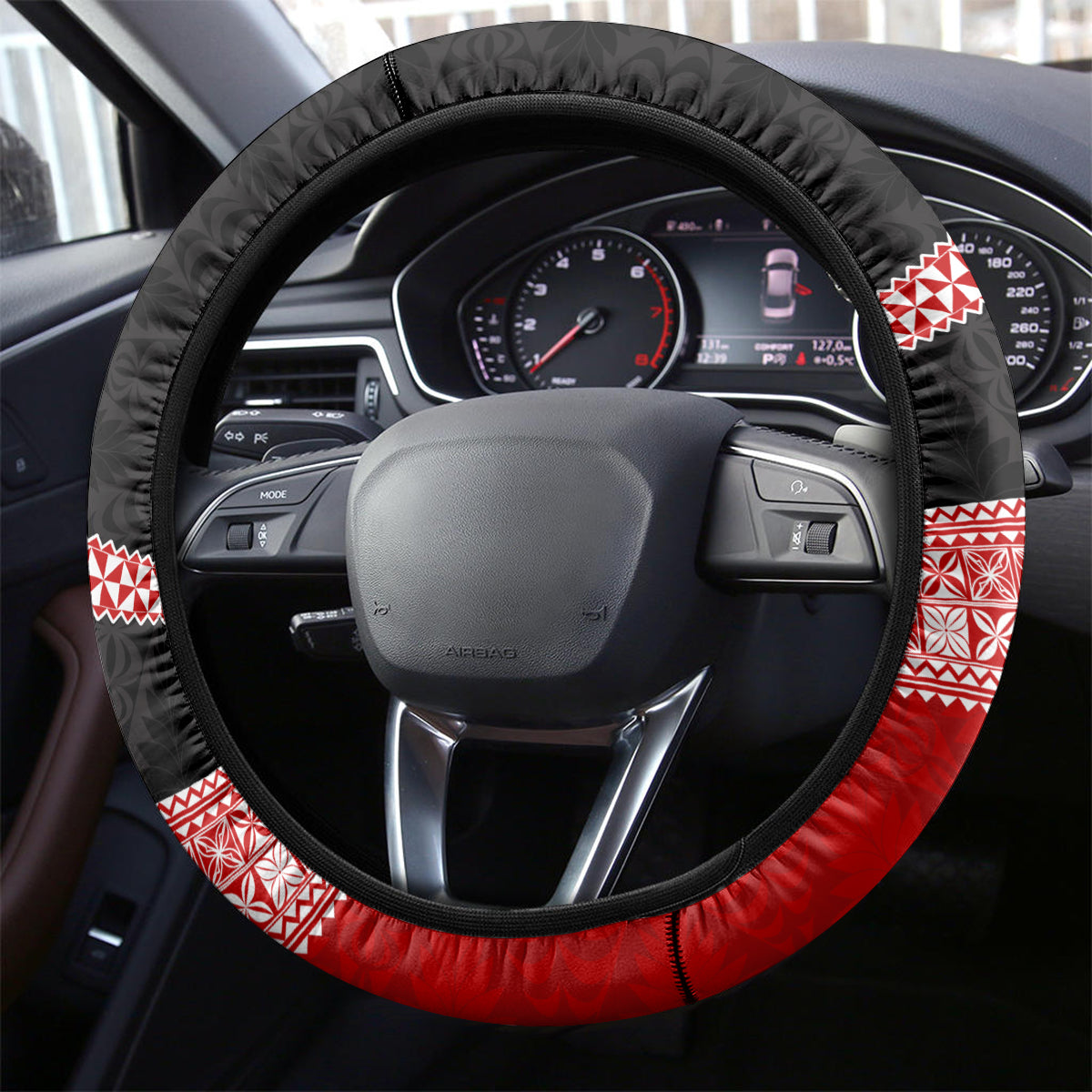 Tonga Steering Wheel Cover Tonga Coat of Arms with Seamless Tapa Ngatu Pattern LT03 - Polynesian Pride