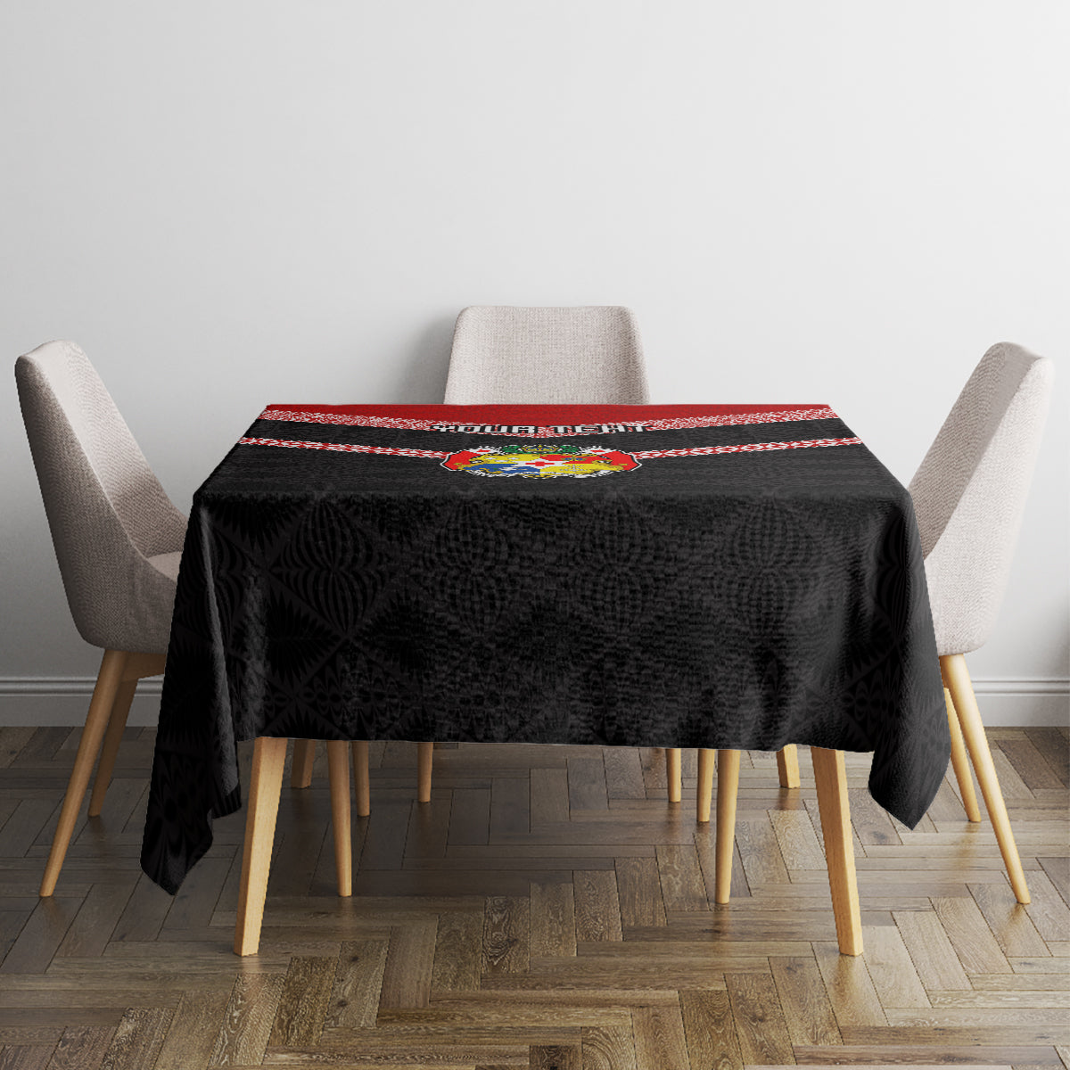 Personalised Tonga Tablecloth Tonga Coat of Arms with Seamless Tapa Ngatu Pattern LT03 - Polynesian Pride