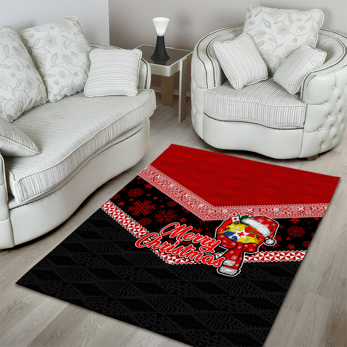 Tonga Christmas Area Rug Tongan Coat of Arms Santa With Ngatu Pattern Christmas Red Style LT03 - Polynesian Pride