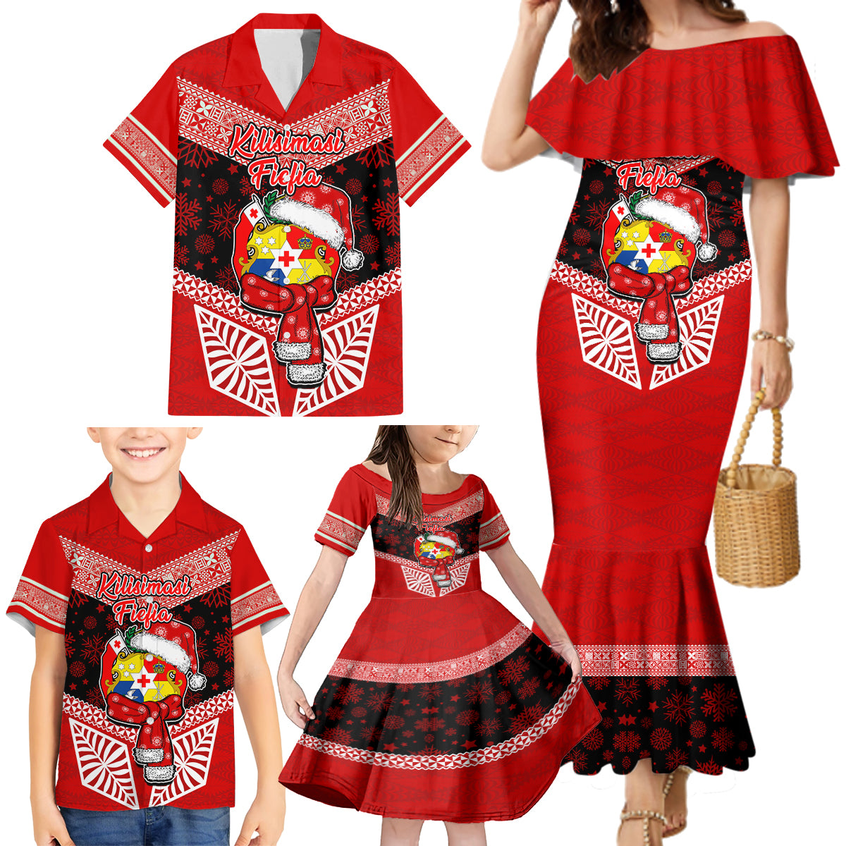 Tonga Christmas Family Matching Mermaid Dress and Hawaiian Shirt Tongan Coat of Arms Santa With Ngatu Pattern Christmas Red Style LT03 - Polynesian Pride