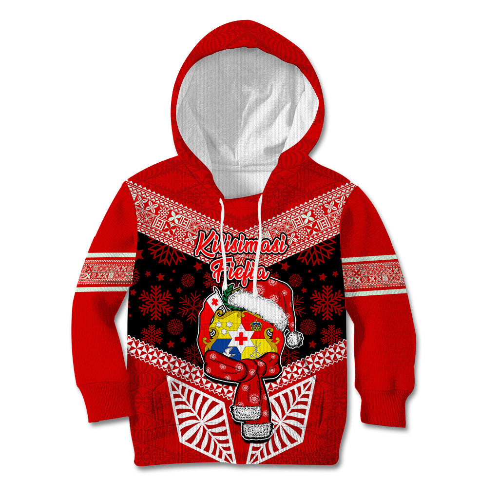 Tonga Christmas Kid Hoodie Tongan Coat of Arms Santa With Ngatu Pattern Christmas Red Style LT03 Hoodie Red - Polynesian Pride