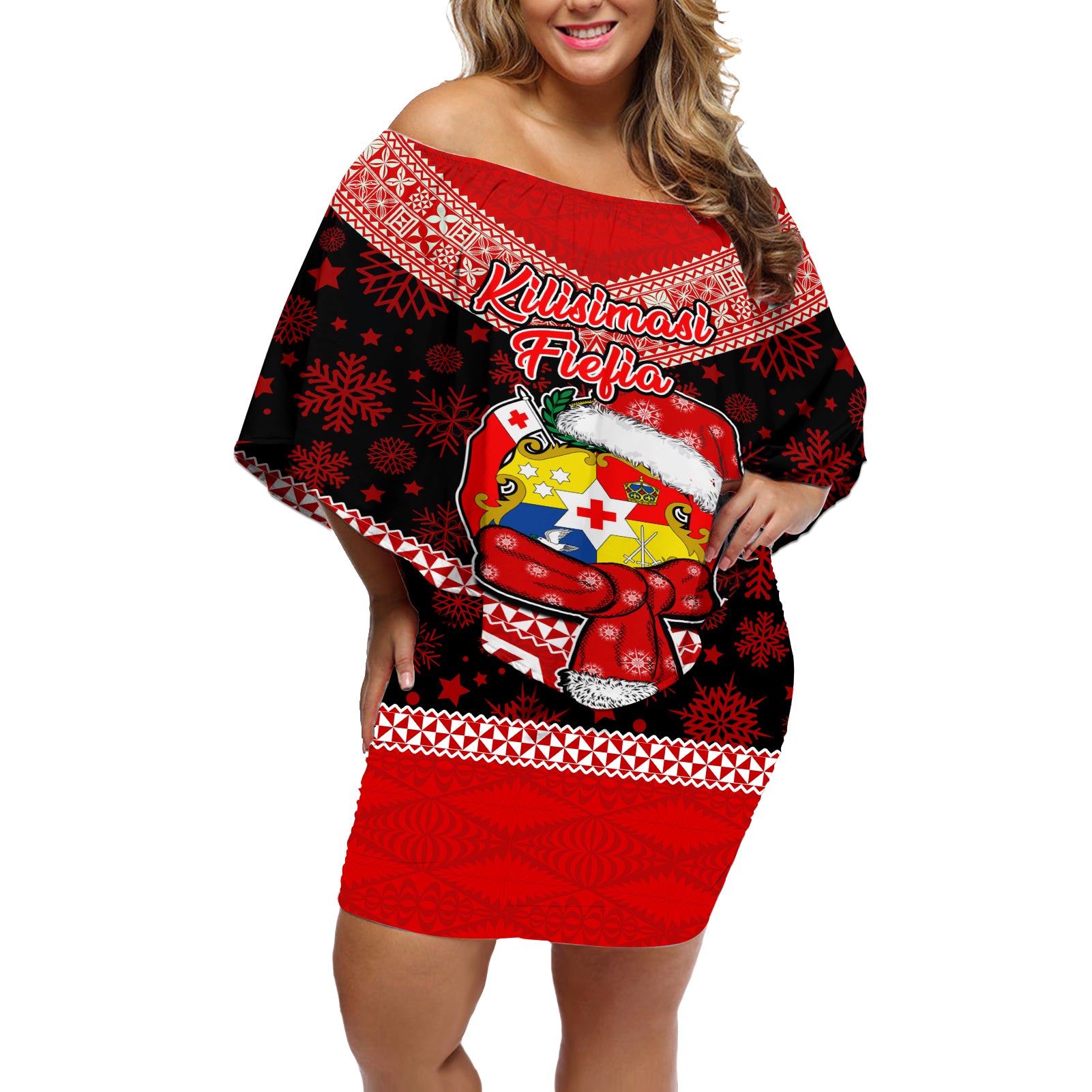 Tonga Christmas Off Shoulder Short Dress Tongan Coat of Arms Santa With Ngatu Pattern Christmas Red Style LT03 Women Red - Polynesian Pride