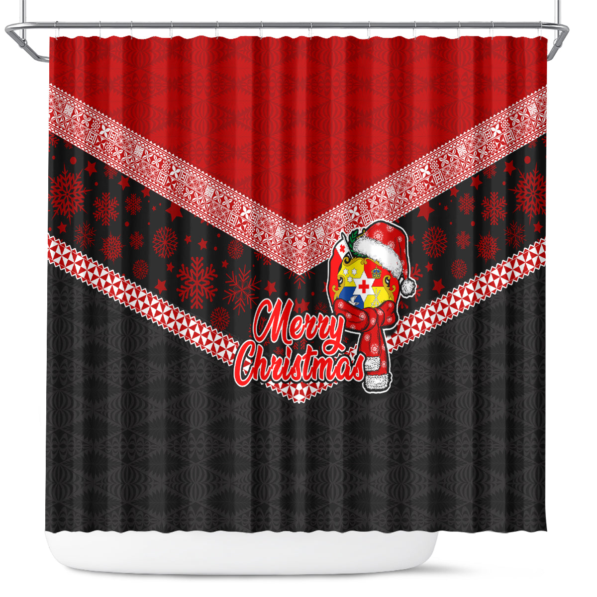 Tonga Christmas Shower Curtain Tongan Coat of Arms Santa With Ngatu Pattern Christmas Red Style LT03 Red - Polynesian Pride