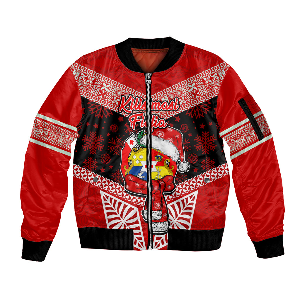 Tonga Christmas Sleeve Zip Bomber Jacket Tongan Coat of Arms Santa With Ngatu Pattern Christmas Red Style LT03 Unisex Red - Polynesian Pride