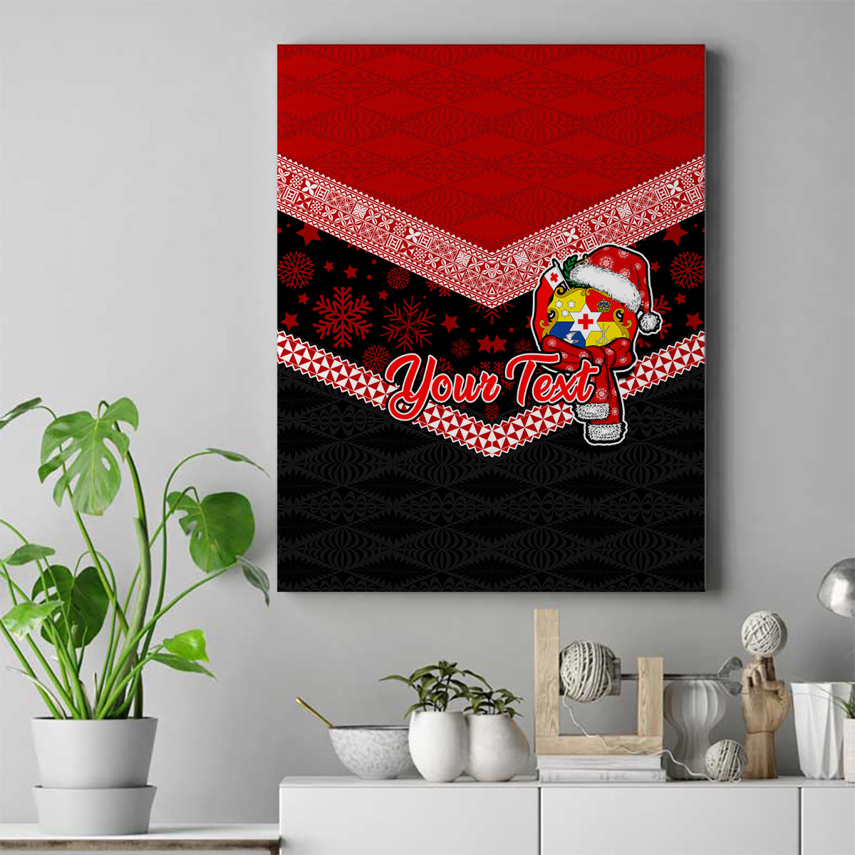 Personalised Tonga Christmas Canvas Wall Art Tongan Coat of Arms Santa With Ngatu Pattern Christmas Red Style LT03 Red - Polynesian Pride