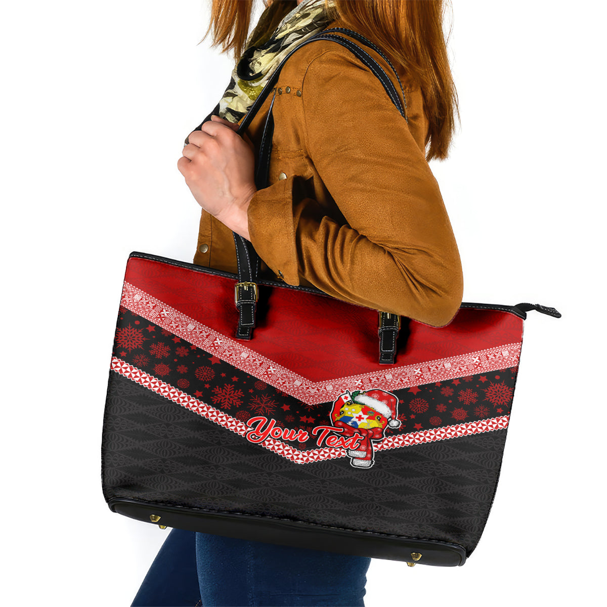 Personalised Tonga Christmas Leather Tote Bag Tongan Coat of Arms Santa With Ngatu Pattern Christmas Red Style LT03 Red - Polynesian Pride