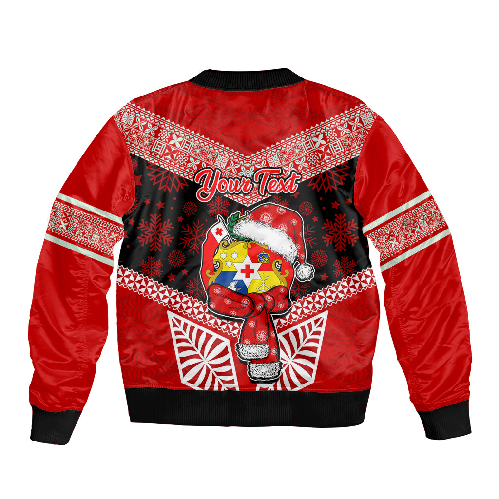Personalised Tonga Christmas Sleeve Zip Bomber Jacket Tongan Coat of Arms Santa With Ngatu Pattern Christmas Red Style LT03 - Polynesian Pride