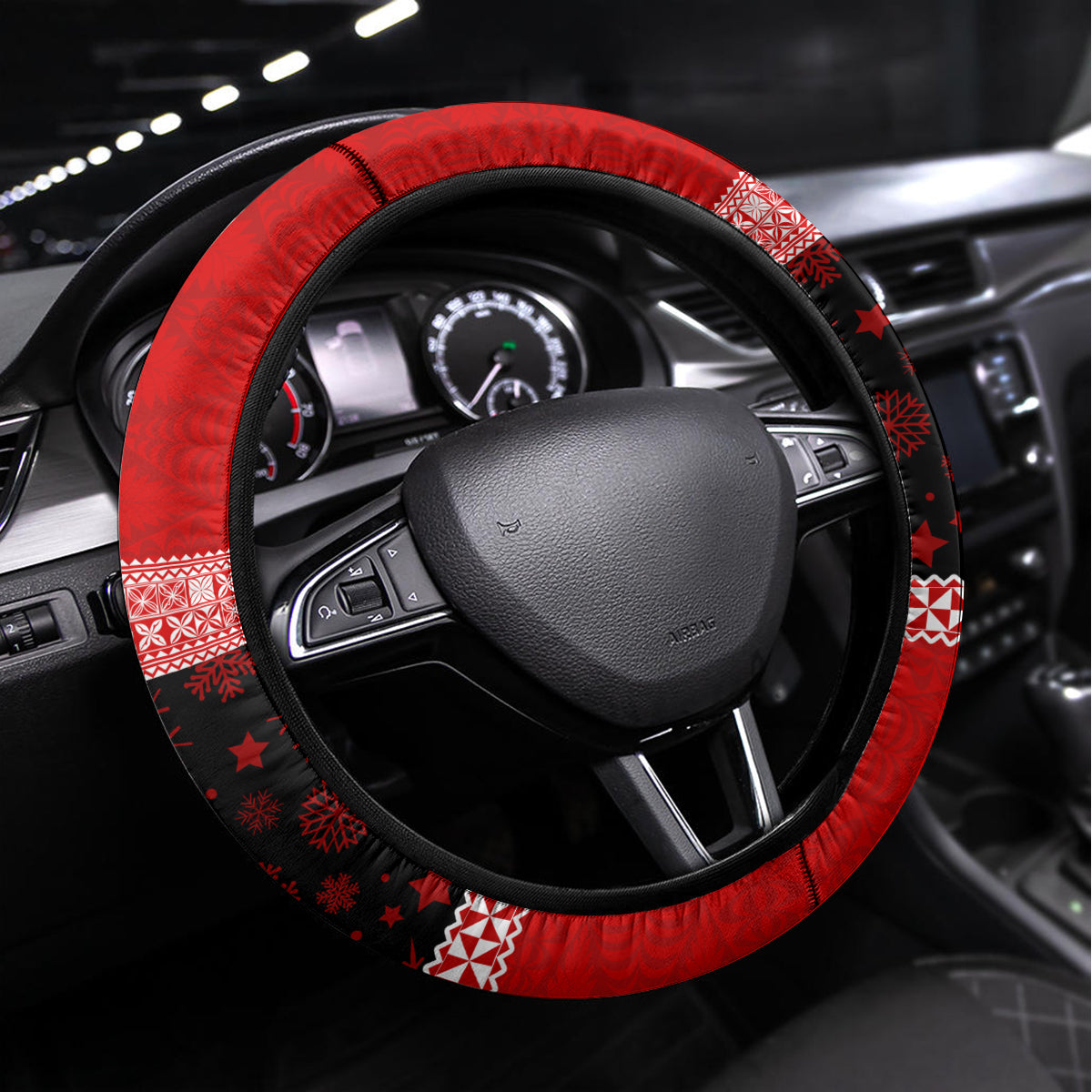 Personalised Tonga Christmas Steering Wheel Cover Tongan Coat of Arms Santa With Ngatu Pattern Christmas Red Style