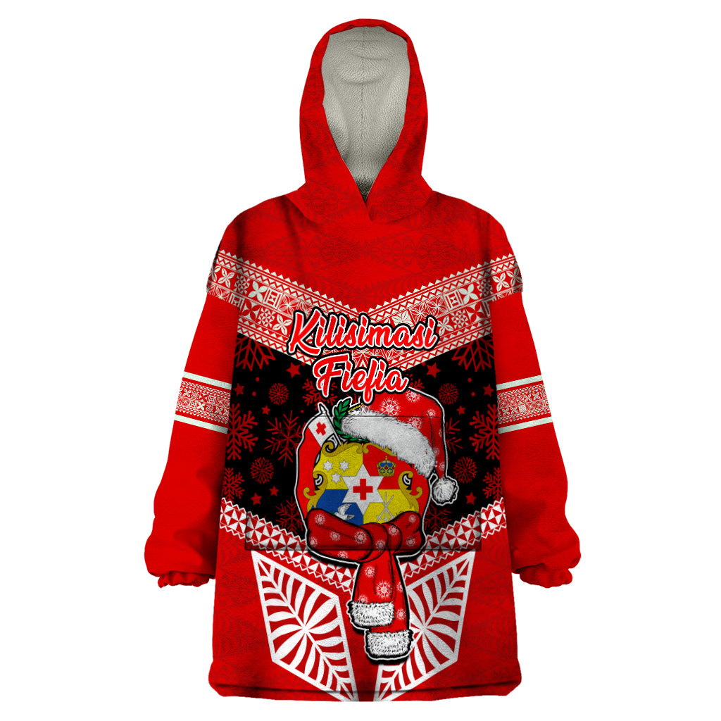 Personalised Tonga Christmas Wearable Blanket Hoodie Tongan Coat of Arms Santa With Ngatu Pattern Christmas Red Style LT03 One Size Red - Polynesian Pride