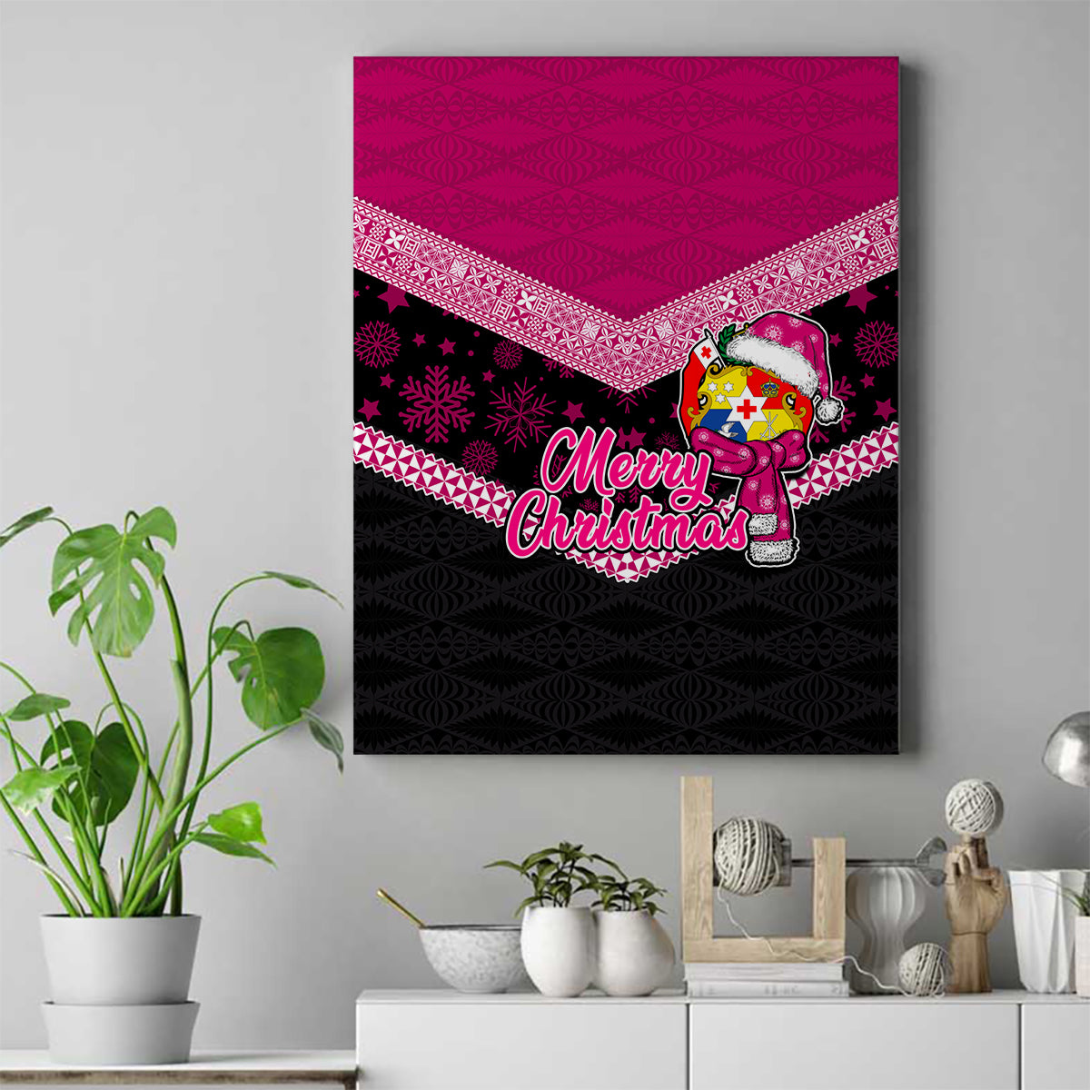 Tonga Christmas Canvas Wall Art Tongan Coat of Arms Santa With Ngatu Pattern Christmas Pink Style LT03 Pink - Polynesian Pride