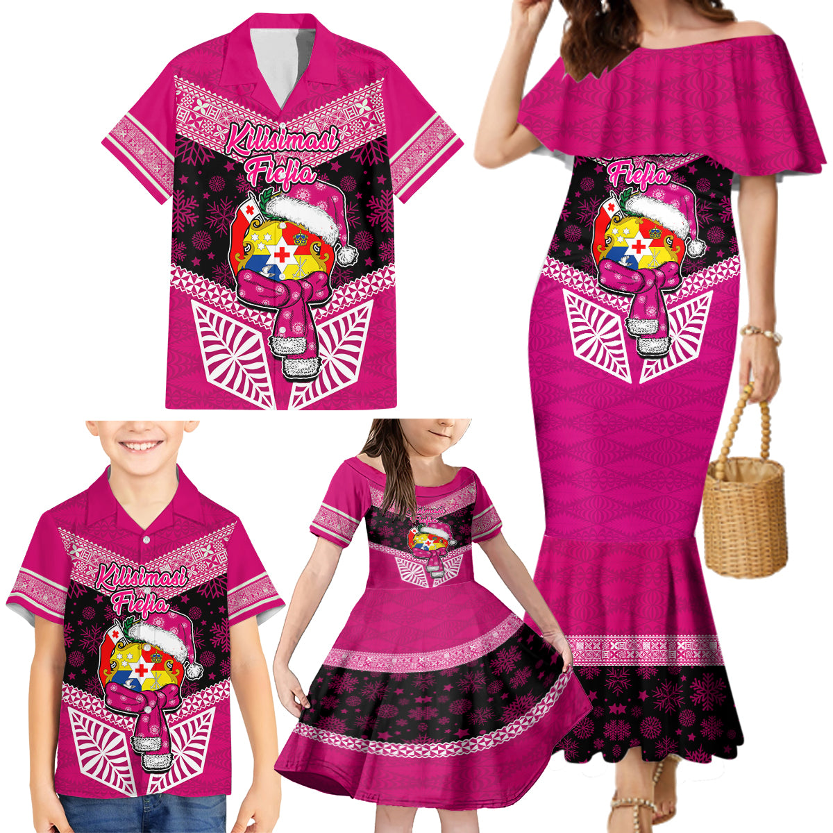 Tonga Christmas Family Matching Mermaid Dress and Hawaiian Shirt Tongan Coat of Arms Santa With Ngatu Pattern Christmas Pink Style LT03 - Polynesian Pride