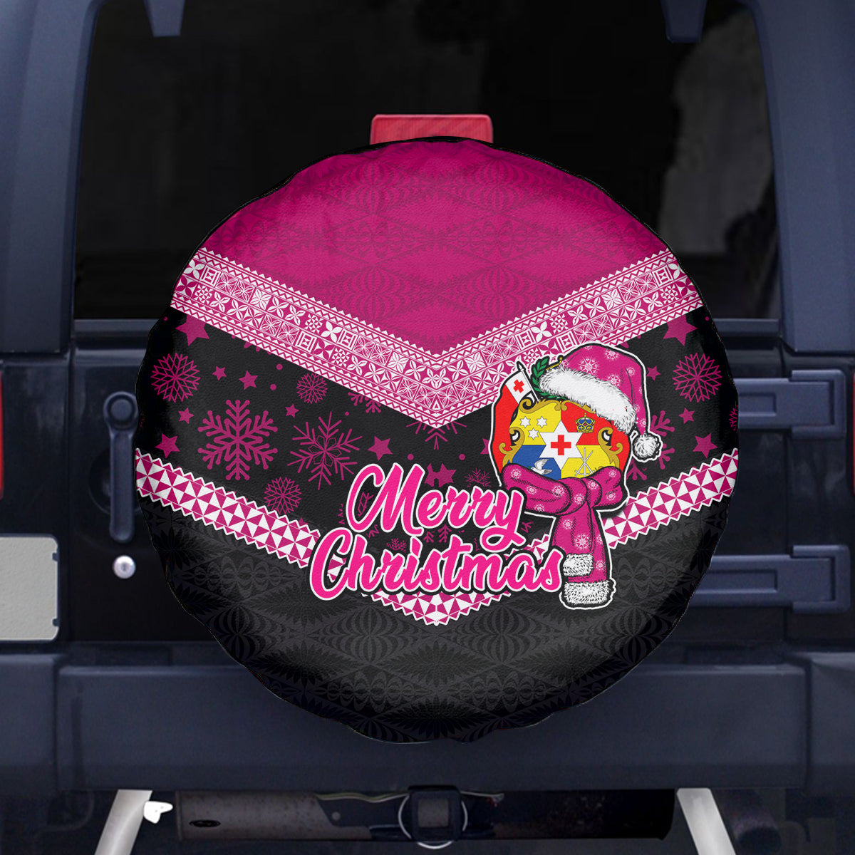 Tonga Christmas Spare Tire Cover Tongan Coat of Arms Santa With Ngatu Pattern Christmas Pink Style LT03 Pink - Polynesian Pride