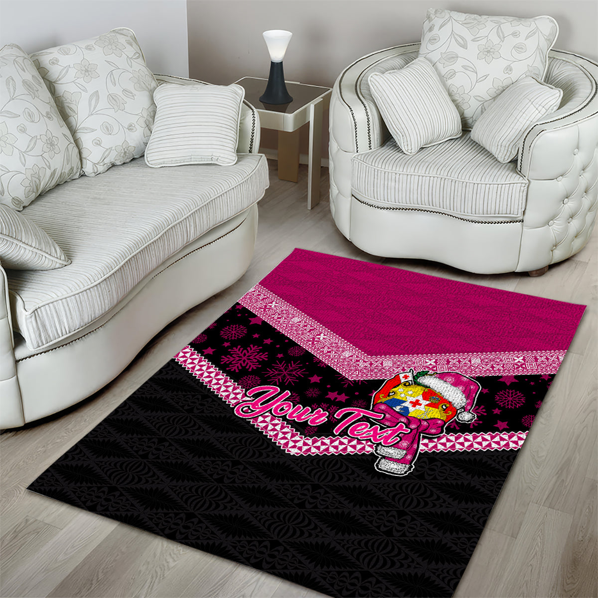 Personalised Tonga Christmas Area Rug Tongan Coat of Arms Santa With Ngatu Pattern Christmas Pink Style LT03 - Polynesian Pride