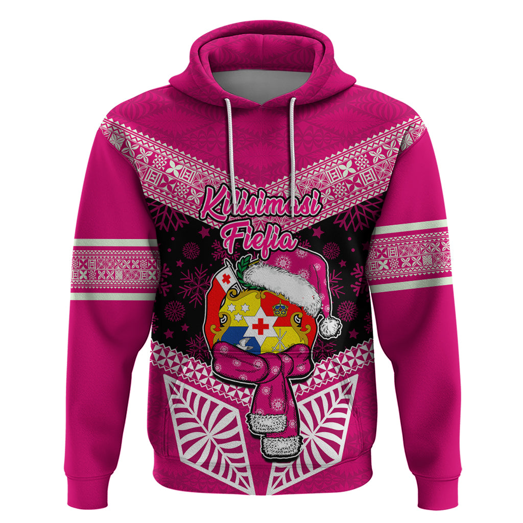 Personalised Tonga Christmas Hoodie Tongan Coat of Arms Santa With Ngatu Pattern Christmas Pink Style LT03 Pink - Polynesian Pride