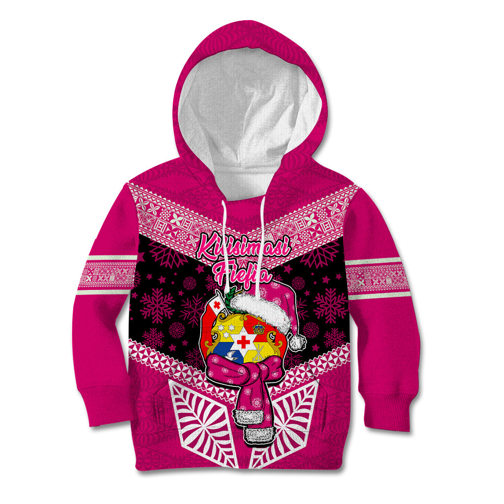 Personalised Tonga Christmas Kid Hoodie Tongan Coat of Arms Santa With Ngatu Pattern Christmas Pink Style LT03 Hoodie Pink - Polynesian Pride