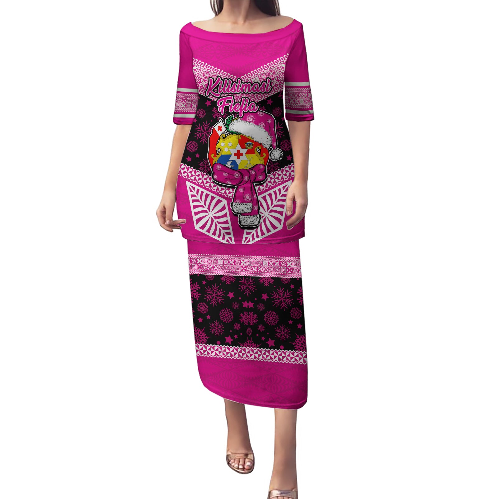 Personalised Tonga Christmas Puletasi Tongan Coat of Arms Santa With Ngatu Pattern Christmas Pink Style LT03 Long Dress Pink - Polynesian Pride