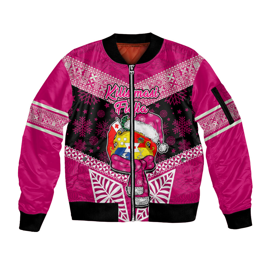 Personalised Tonga Christmas Sleeve Zip Bomber Jacket Tongan Coat of Arms Santa With Ngatu Pattern Christmas Pink Style LT03 Unisex Pink - Polynesian Pride