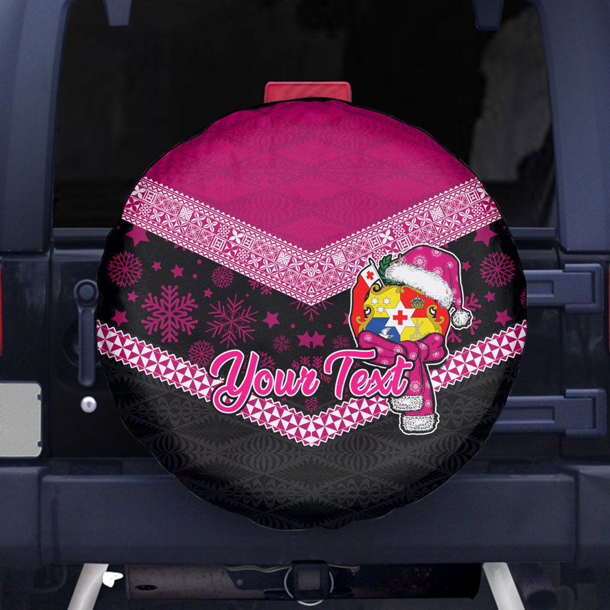 Personalised Tonga Christmas Spare Tire Cover Tongan Coat of Arms Santa With Ngatu Pattern Christmas Pink Style LT03 Pink - Polynesian Pride