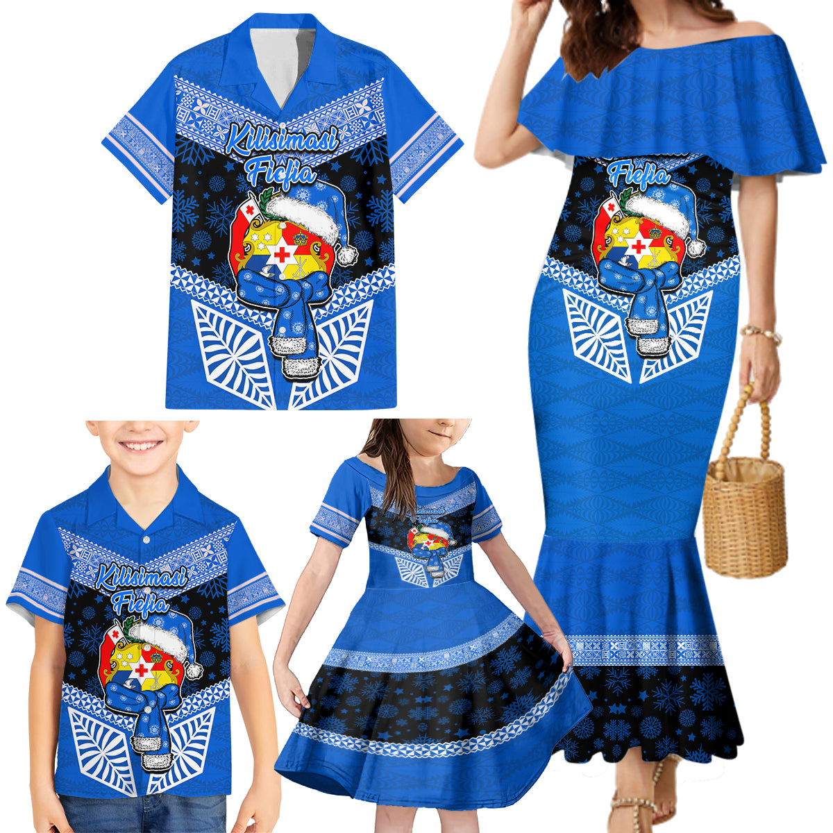 Tonga Christmas Family Matching Mermaid Dress and Hawaiian Shirt Tongan Coat of Arms Santa With Ngatu Pattern Christmas Blue Style LT03 - Polynesian Pride