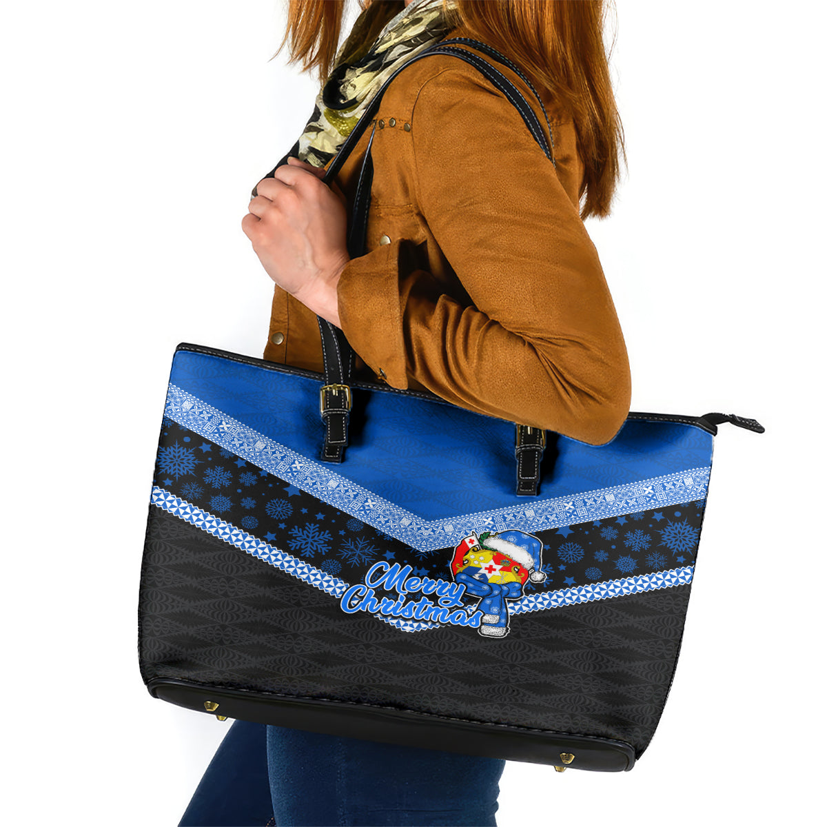 Tonga Christmas Leather Tote Bag Tongan Coat of Arms Santa With Ngatu Pattern Christmas Blue Style LT03 Blue - Polynesian Pride