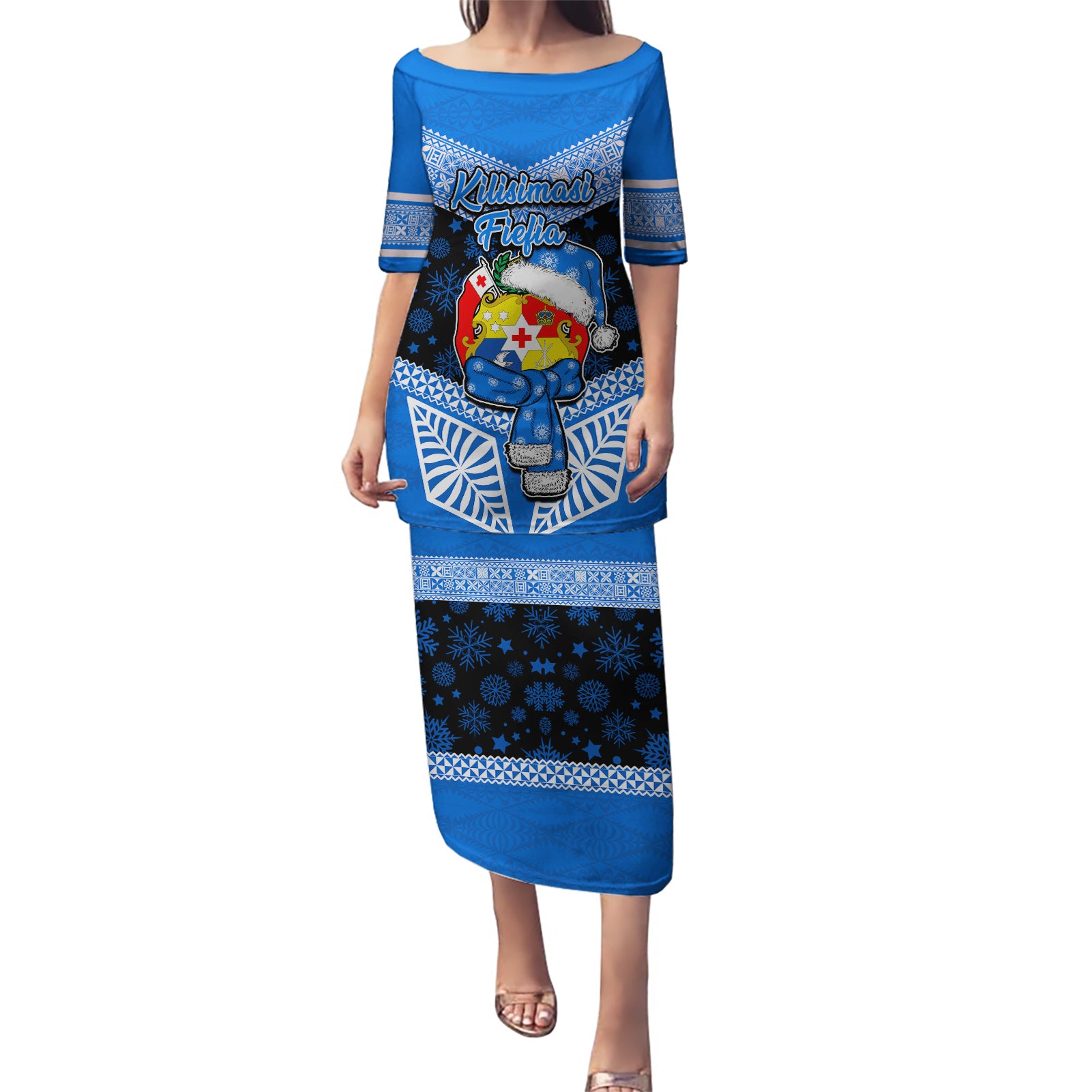 Tonga Christmas Puletasi Tongan Coat of Arms Santa With Ngatu Pattern Christmas Blue Style LT03 Long Dress Blue - Polynesian Pride