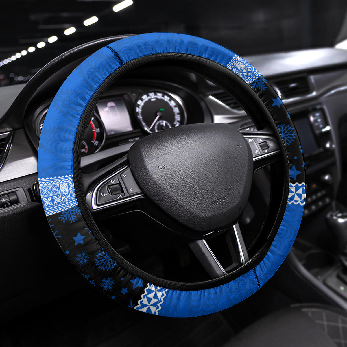 Tonga Christmas Steering Wheel Cover Tongan Coat of Arms Santa With Ngatu Pattern Christmas Blue Style LT03 Universal Fit Blue - Polynesian Pride
