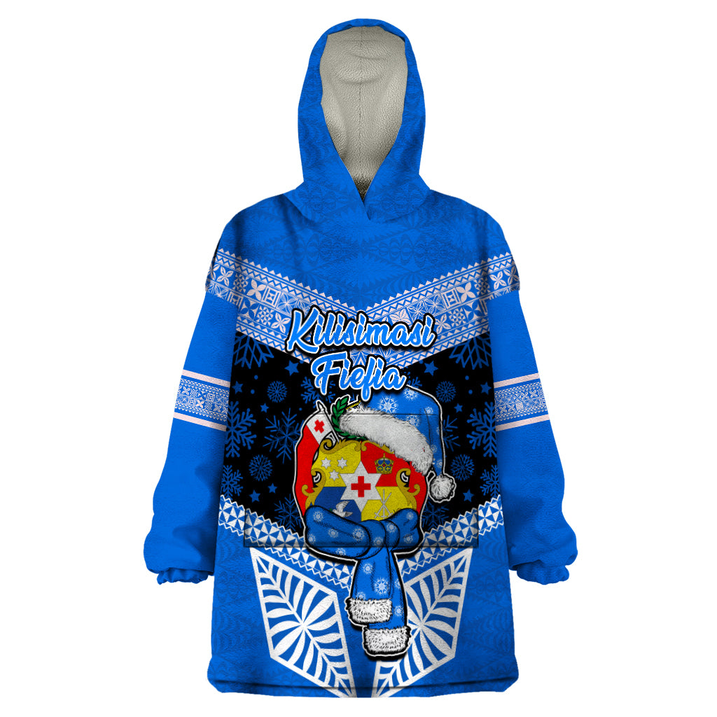 Tonga Christmas Wearable Blanket Hoodie Tongan Coat of Arms Santa With Ngatu Pattern Christmas Blue Style LT03 One Size Blue - Polynesian Pride