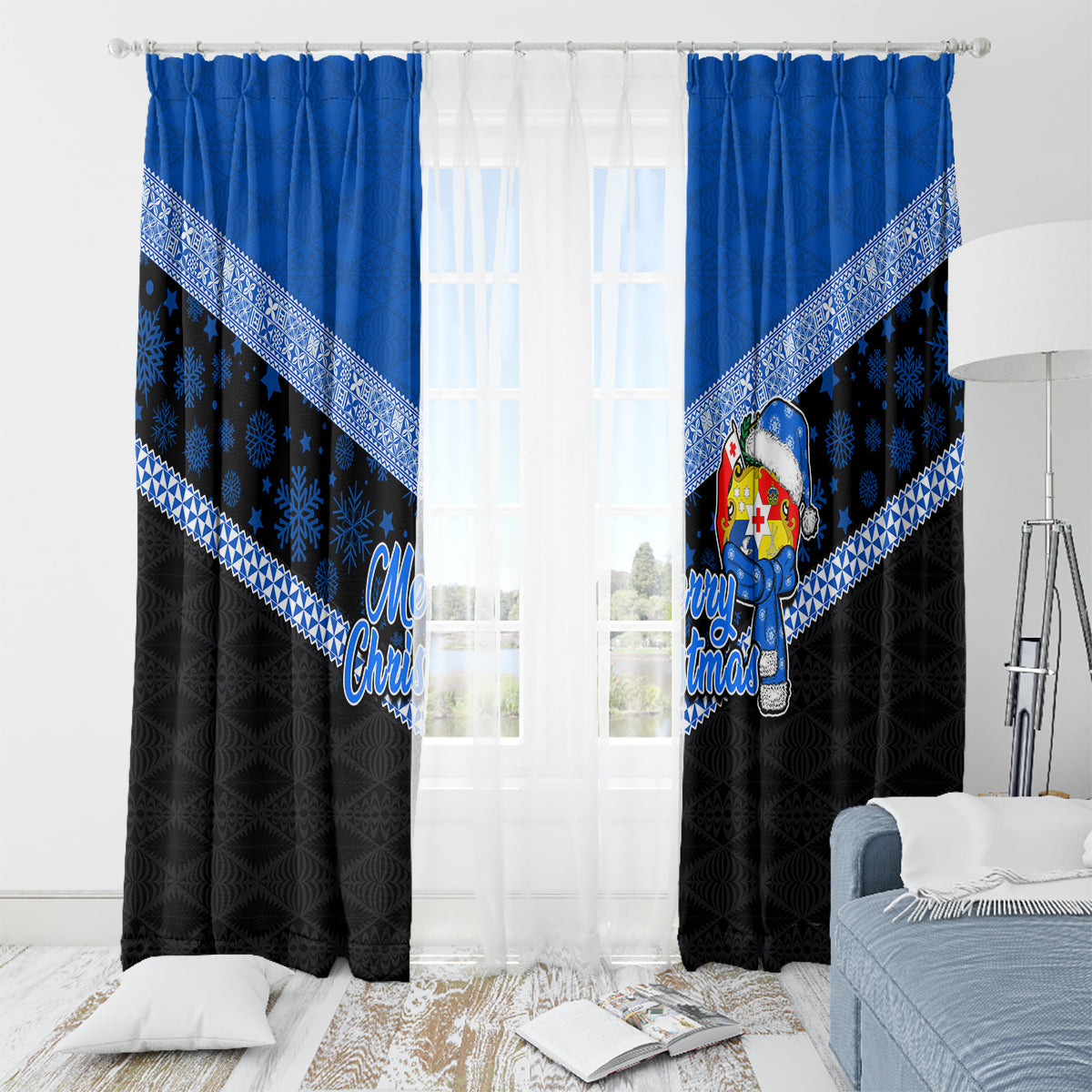 Tonga Christmas Window Curtain Tongan Coat of Arms Santa With Ngatu Pattern Christmas Blue Style LT03 - Polynesian Pride