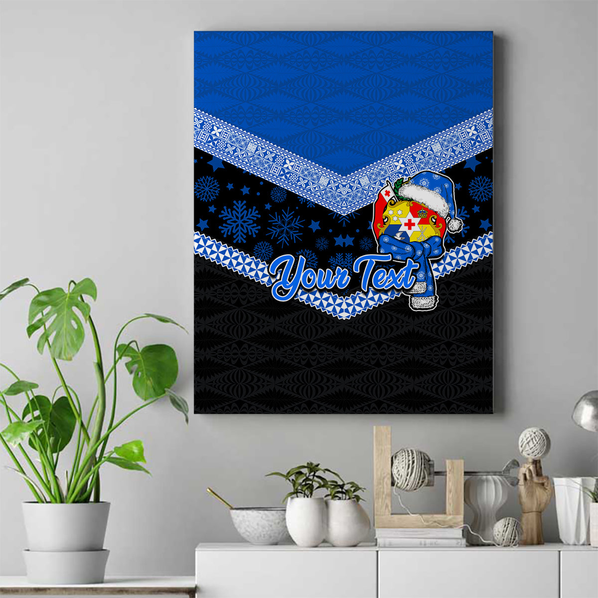 Personalised Tonga Christmas Canvas Wall Art Tongan Coat of Arms Santa With Ngatu Pattern Christmas Blue Style LT03 Blue - Polynesian Pride