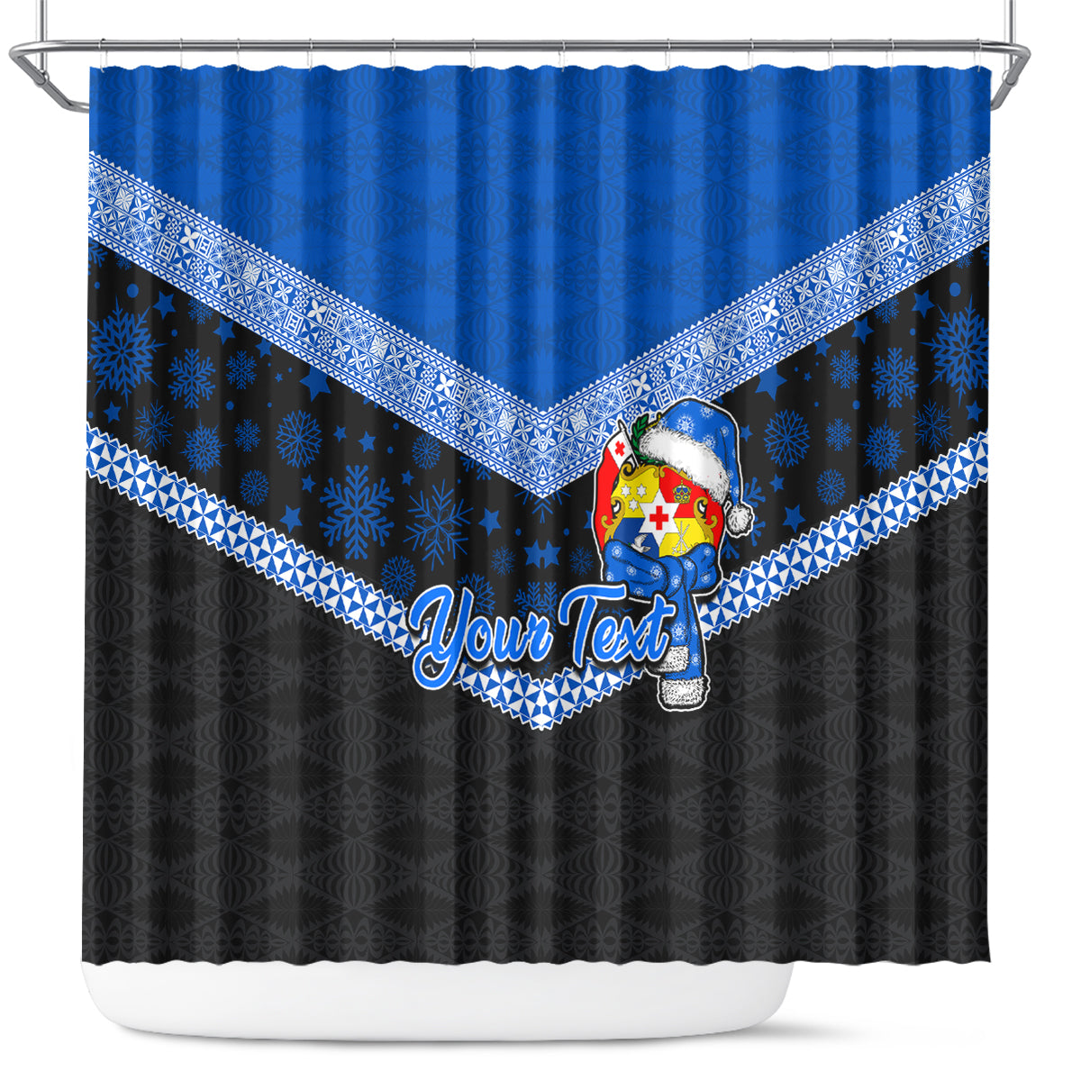 Personalised Tonga Christmas Shower Curtain Tongan Coat of Arms Santa With Ngatu Pattern Christmas Blue Style LT03 Blue - Polynesian Pride