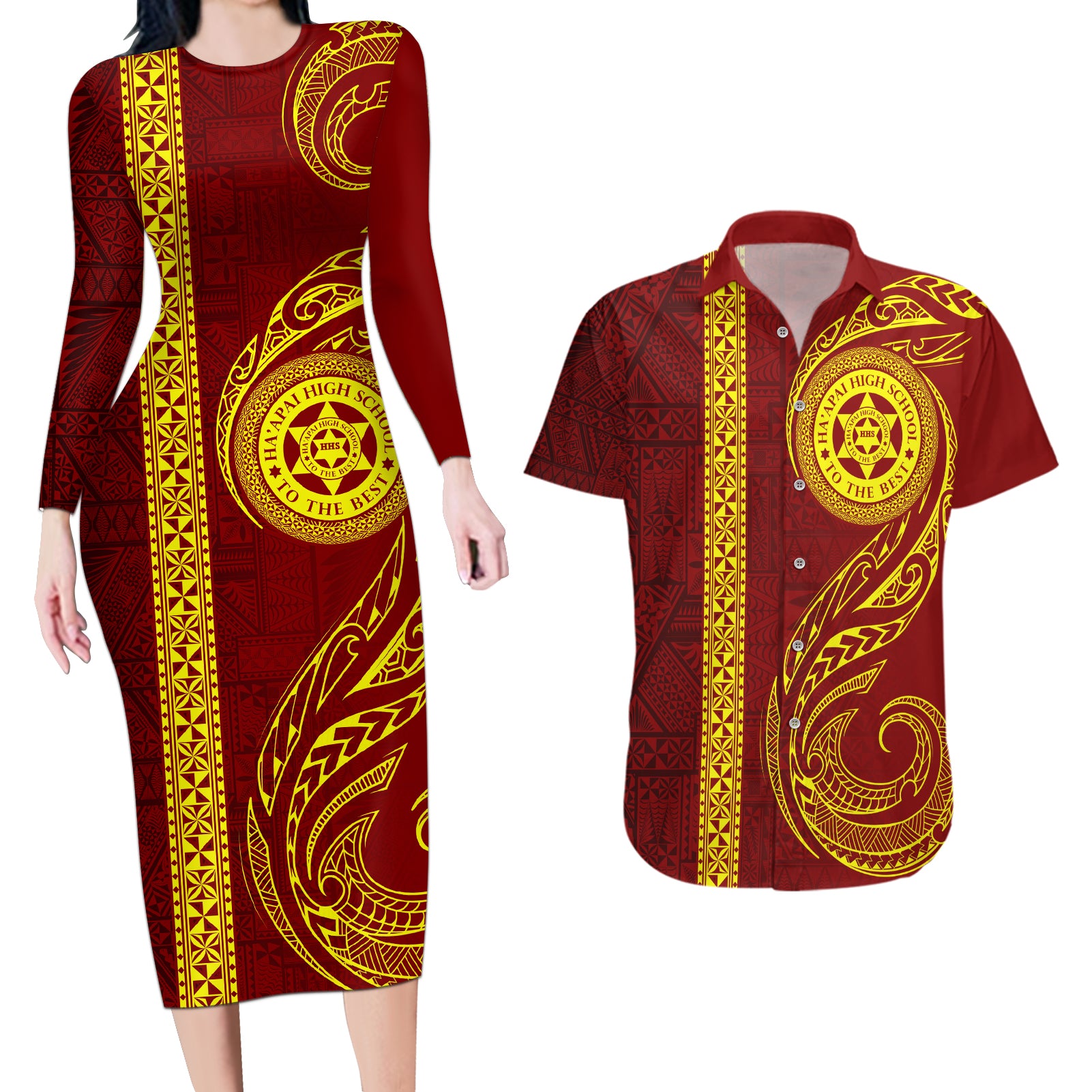 Tonga Ha'apai High School Couples Matching Long Sleeve Bodycon Dress and Hawaiian Shirt Ngatu and Maori Ethnic Tribal Pattern LT03 Red - Polynesian Pride