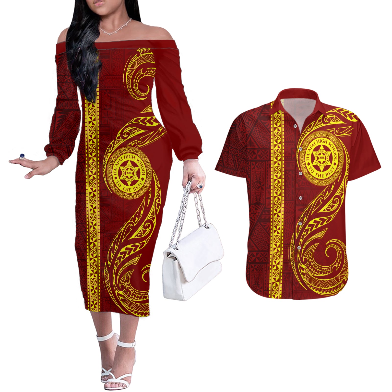 Tonga Ha'apai High School Couples Matching Off The Shoulder Long Sleeve Dress and Hawaiian Shirt Ngatu and Maori Ethnic Tribal Pattern LT03 Red - Polynesian Pride